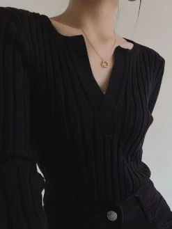 COMMENSE Solid Textured V-neck Knit Top* Sweater Tops|Sweaters & Cardigans