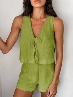 COMMENSE Solid Tie Front Vest With Shorts Set* Shorts Sets|Shorts