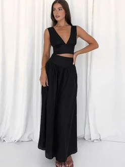 COMMENSE Solid Tie Knot V Neck Skirt Set* Skirt Sets|Long Sleeve Sets