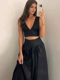 COMMENSE Solid Tie Knot V Neck Skirt Set* Skirt Sets|Long Sleeve Sets