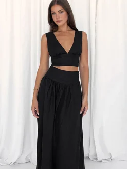 COMMENSE Solid Tie Knot V Neck Skirt Set* Skirt Sets|Long Sleeve Sets