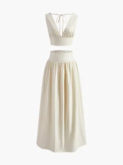 COMMENSE Solid Tie Knot V Neck Skirt Set* Skirt Sets|Long Sleeve Sets