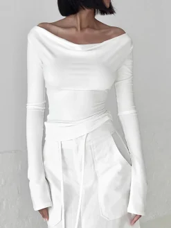 COMMENSE Solid Tied Open Back Long Sleeve Slinky Top* T-shirts|Tops