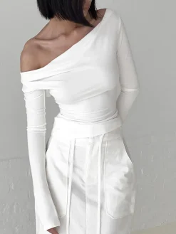 COMMENSE Solid Tied Open Back Long Sleeve Slinky Top* T-shirts|Tops