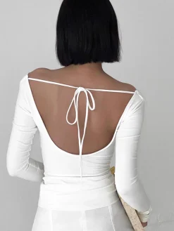 COMMENSE Solid Tied Open Back Long Sleeve Slinky Top* T-shirts|Tops