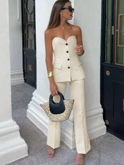 COMMENSE Solid Tube Top With Wide Leg Pants Set* Pants Sets|Wide Leg