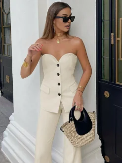 COMMENSE Solid Tube Top With Wide Leg Pants Set* Pants Sets|Wide Leg
