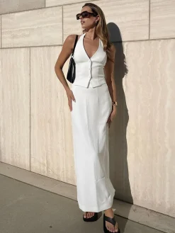 COMMENSE Solid V-Neck Backless Tie Up Halter & Split Maxi Skirt Set* Skirt Sets|Long Sleeve Sets