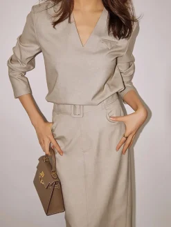COMMENSE Solid V-neck Belted Two Piece Skirt Set* Skirt Sets|Long Sleeve Sets