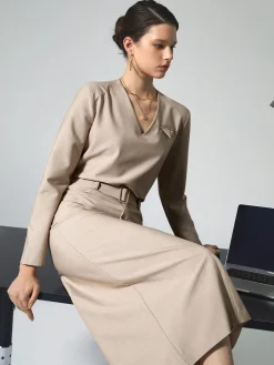 COMMENSE Solid V-neck Belted Two Piece Skirt Set* Skirt Sets|Long Sleeve Sets