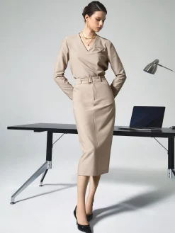 COMMENSE Solid V-neck Belted Two Piece Skirt Set* Skirt Sets|Long Sleeve Sets