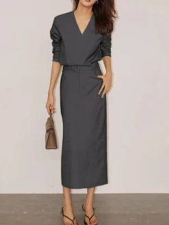 COMMENSE Solid V-neck Belted Two Piece Skirt Set* Skirt Sets|Long Sleeve Sets