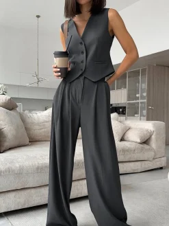 COMMENSE Solid V-Neck Waistcoat With Wide Leg Pants Set* Pants Sets|Wide Leg