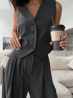 COMMENSE Solid V-Neck Waistcoat With Wide Leg Pants Set* Pants Sets|Wide Leg