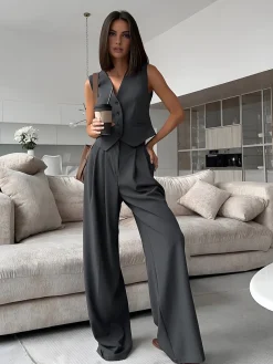 COMMENSE Solid V-Neck Waistcoat With Wide Leg Pants Set* Pants Sets|Wide Leg