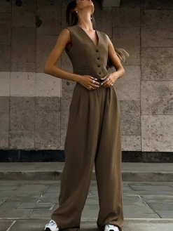COMMENSE Solid V-Neck Waistcoat With Wide Leg Pants Set* Pants Sets|Wide Leg