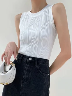 COMMENSE Solid Wavy Textured Tank Top* Knitwear|Tops