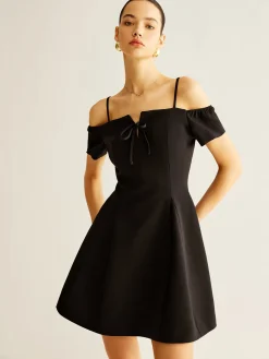 COMMENSE Spaghetti Strap Bow Zipper Dress* Black Dresses|Cocktail & Party Dresses