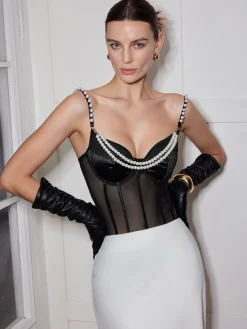 COMMENSE Spaghetti Strap Pearl Decor Mesh Bodysuit* Bodysuits|Bodysuits