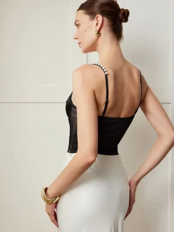COMMENSE Spaghetti Strap Pearl Decor Mesh Bodysuit* Bodysuits|Bodysuits
