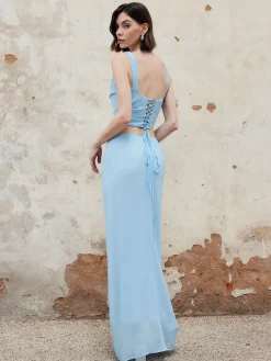 COMMENSE Split Chiffon Lace Up Skirt Set* Skirt Sets|Long Sleeve Sets