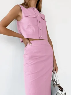 COMMENSE Split Pockets Sleeveless Skirt Set* Skirt Sets|Long Sleeve Sets