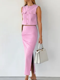 COMMENSE Split Pockets Sleeveless Skirt Set* Skirt Sets|Long Sleeve Sets