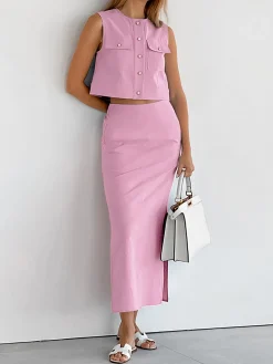 COMMENSE Split Pockets Sleeveless Skirt Set* Skirt Sets|Long Sleeve Sets