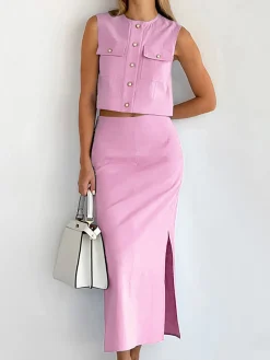COMMENSE Split Pockets Sleeveless Skirt Set* Skirt Sets|Long Sleeve Sets