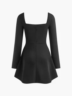 COMMENSE Square Collar Beaded Decor Pleated Dress* Black Dresses|Casual Dresses