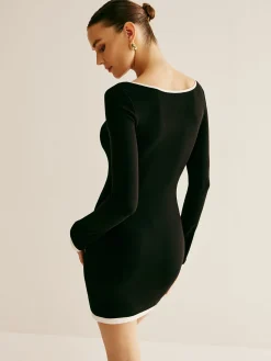 COMMENSE Square Collar Drawstring Knit Dress* Black Dresses|Sweater Dresses
