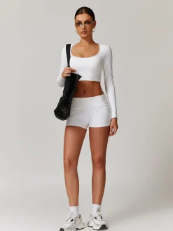 COMMENSE Square Collar Lettuce Trim Crop Active Top* Crop Tops|Activewear