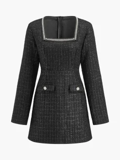 COMMENSE Square Neck Beaded Short Dress* Black Dresses|Cocktail & Party Dresses
