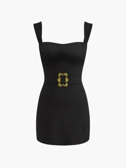 COMMENSE Square Neck Belted Short Dress* Black Dresses|Casual Dresses