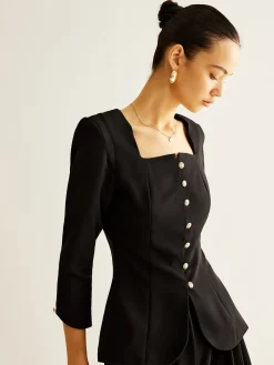 COMMENSE Square Neck Button Down Slit Blouse* Blouses & Shirts|Tops