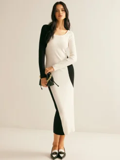 COMMENSE Square Neck Color Block Sweater Dress* White Dresses|Sweater Dresses