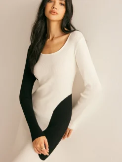 COMMENSE Square Neck Color Block Sweater Dress* White Dresses|Sweater Dresses