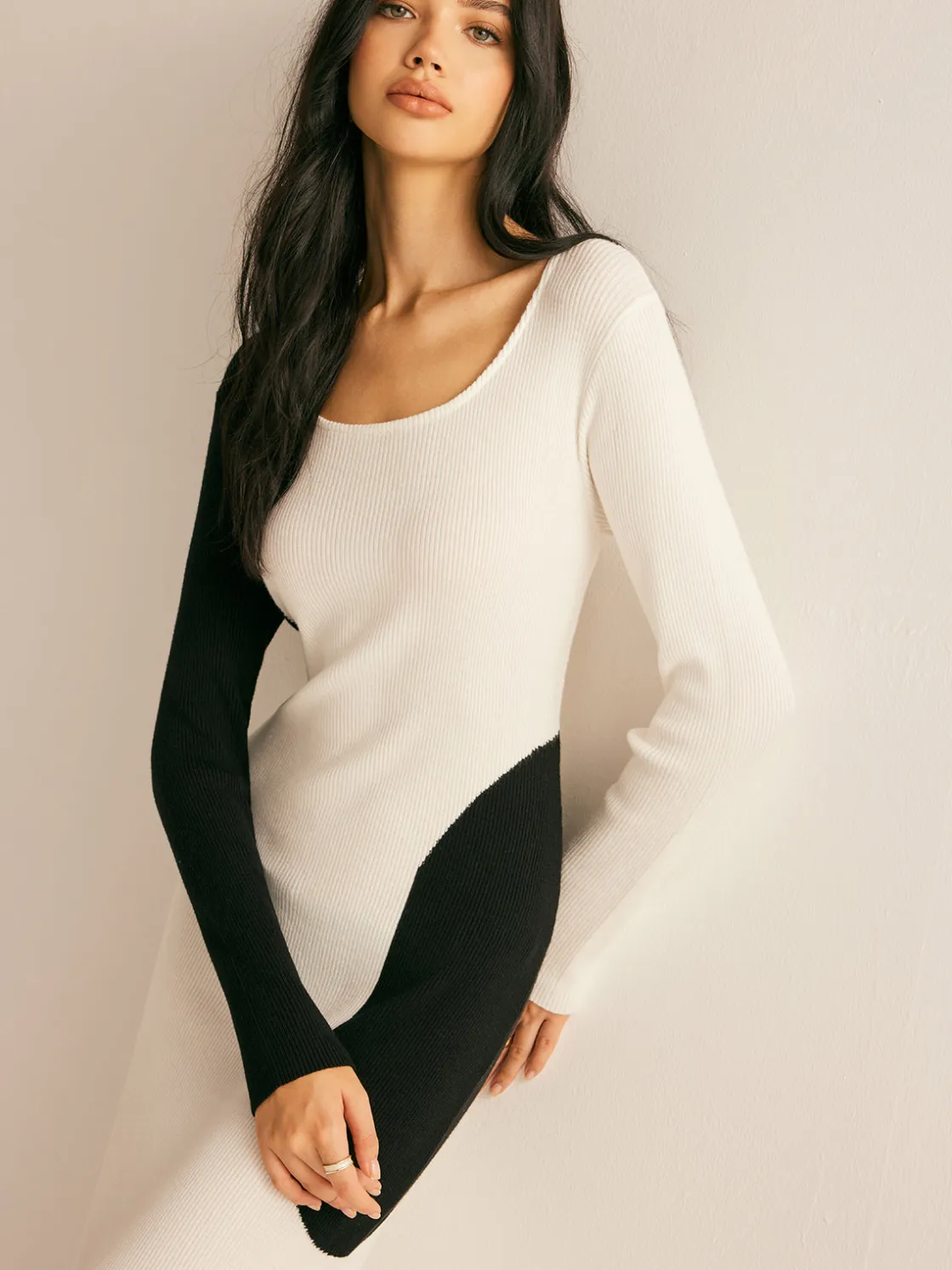 COMMENSE Square Neck Color Block Sweater Dress* White Dresses|Sweater Dresses