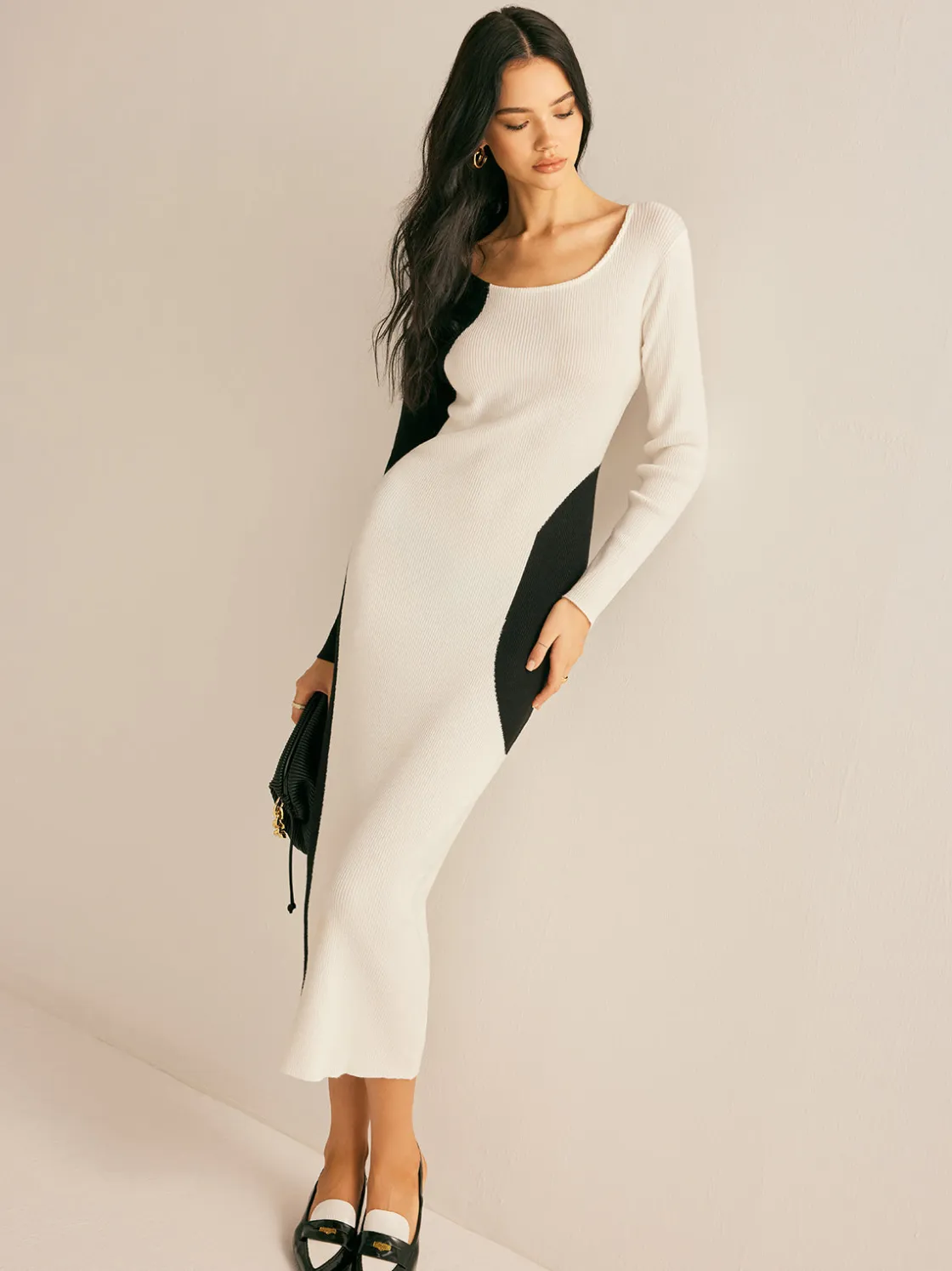 COMMENSE Square Neck Color Block Sweater Dress* White Dresses|Sweater Dresses