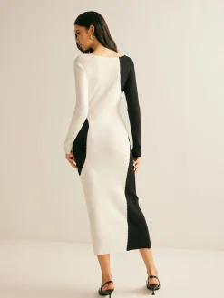 COMMENSE Square Neck Color Block Sweater Dress* White Dresses|Sweater Dresses