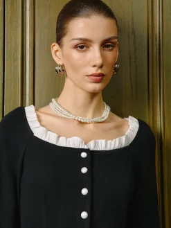 COMMENSE Square Neck Contrast Lettuce Trim Slit Blouse* Tops