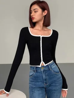 COMMENSE Square Neck Contrast Trim Long Sleeve Knit Shirt* T-shirts|Knitwear