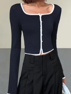 COMMENSE Square Neck Contrast Trim Long Sleeve Knit Shirt* T-shirts|Knitwear