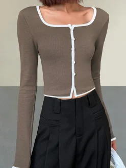 COMMENSE Square Neck Contrast Trim Long Sleeve Knit Shirt* T-shirts|Knitwear