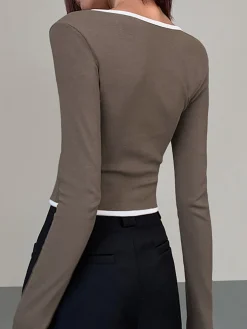 COMMENSE Square Neck Contrast Trim Long Sleeve Knit Shirt* T-shirts|Knitwear