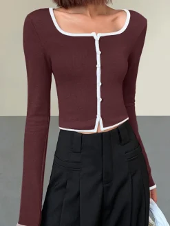 COMMENSE Square Neck Contrast Trim Long Sleeve Knit Shirt* T-shirts|Knitwear