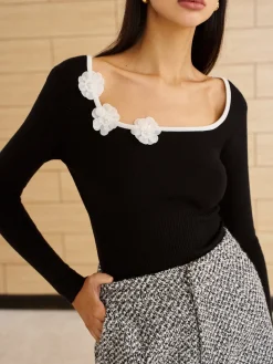 COMMENSE Square Neck 3D Flower Knit Top* Sweater Tops|Sweaters & Cardigans