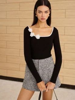 COMMENSE Square Neck 3D Flower Knit Top* Sweater Tops|Sweaters & Cardigans