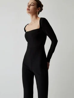 COMMENSE Square Neck Long Sleeve Flare Jumpsuit* Black Dresses|Jumpsuits & Rompers