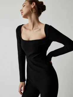 COMMENSE Square Neck Long Sleeve Flare Jumpsuit* Black Dresses|Jumpsuits & Rompers